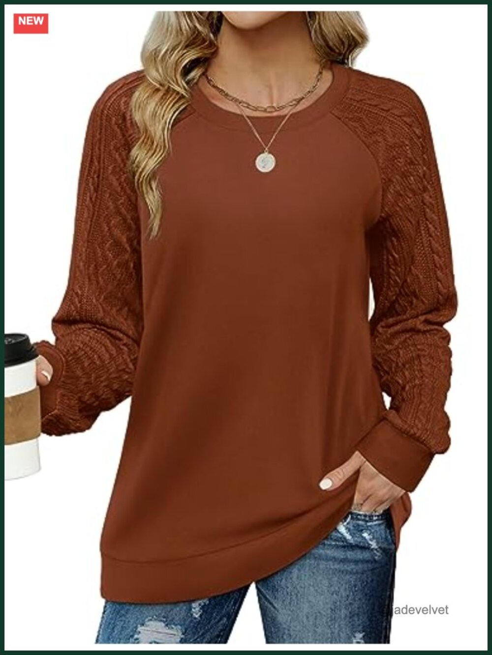 Cable Knit Sleeve Crewneck Sweatshirt Loose Fit Pullover Women's